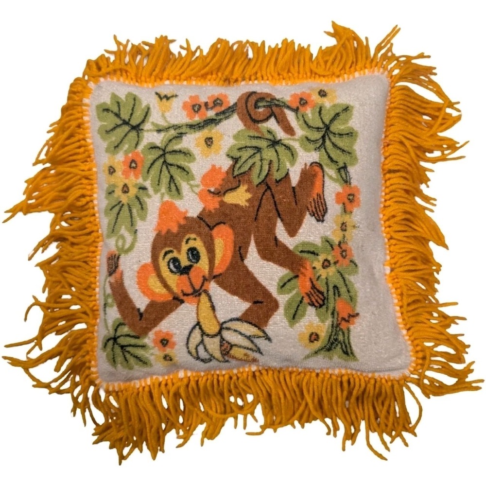 Vintage 70s Latch Hook Monkey Pillow Cover Fringe Boho Retro Jungle Decor